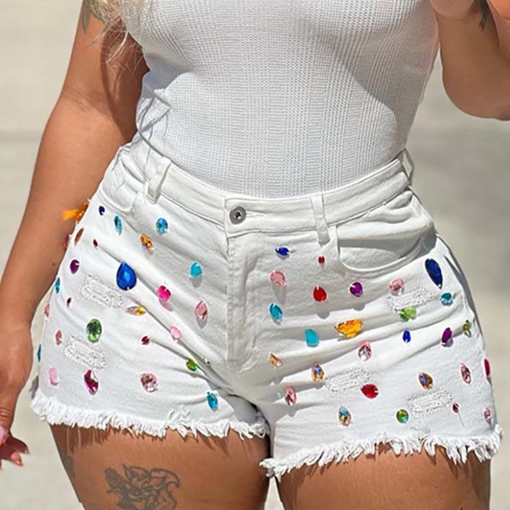 Cutoff White Denim Shorts with Jewels 💎